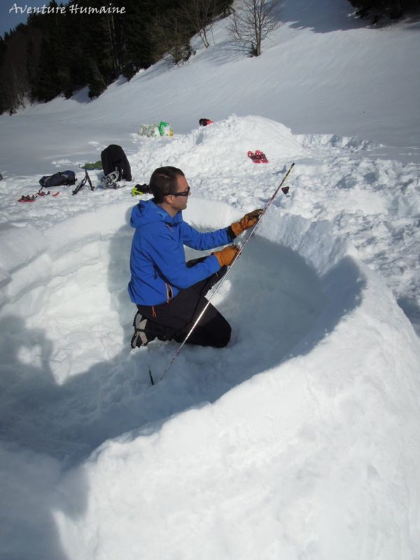 Construction d'igloo en blocs de neige
